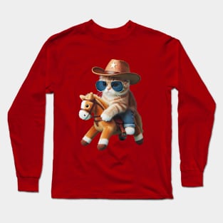 A cat wearing sunglasses and a cowboy hat riding a toy horse Long Sleeve T-Shirt